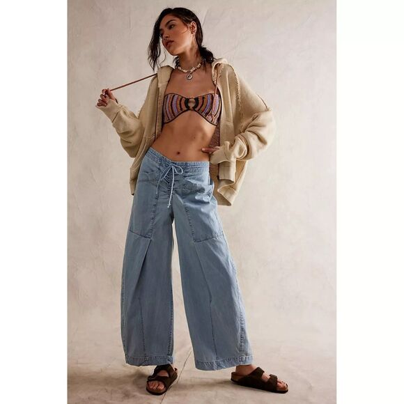Free People Castaway Slouchy Pull-On Jeans Pants Wide Leg Cotton L New 279209